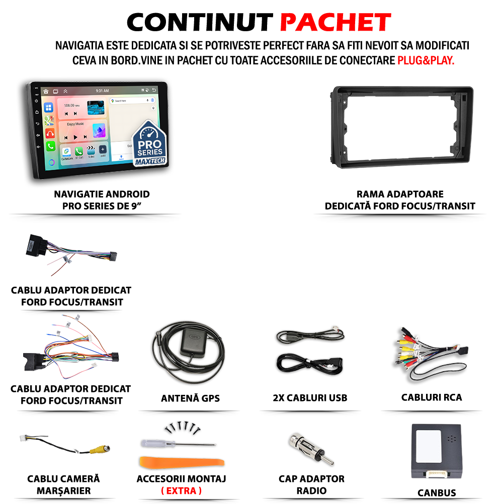 Navigatie Ford Focus II (2005-2008) Pre-Facelift / Ford Transit Mk7 (2006-2014) dedicata, MaxTech® PRO SERIES, 2 GB Ram 64 GB Rom, Carplay si Android auto, Ecran 9” HD Touch, GPS, Wifi, Bluetooth, Radio, USB, EQ, DSP, Waze