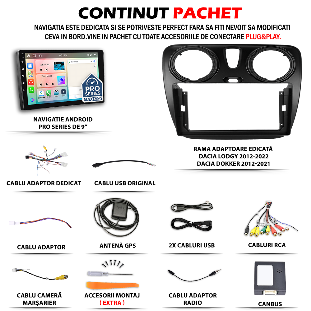 Navigatie Dacia Lodgy 2012-2022 / Dacia Dokker 2012-2021 dedicata, MaxTech® PRO SERIES, 2 GB Ram 64 GB Rom, Carplay si Android auto, Ecran 9” HD Touch, GPS, Wifi, Bluetooth, Radio, USB, EQ, DSP, Waze