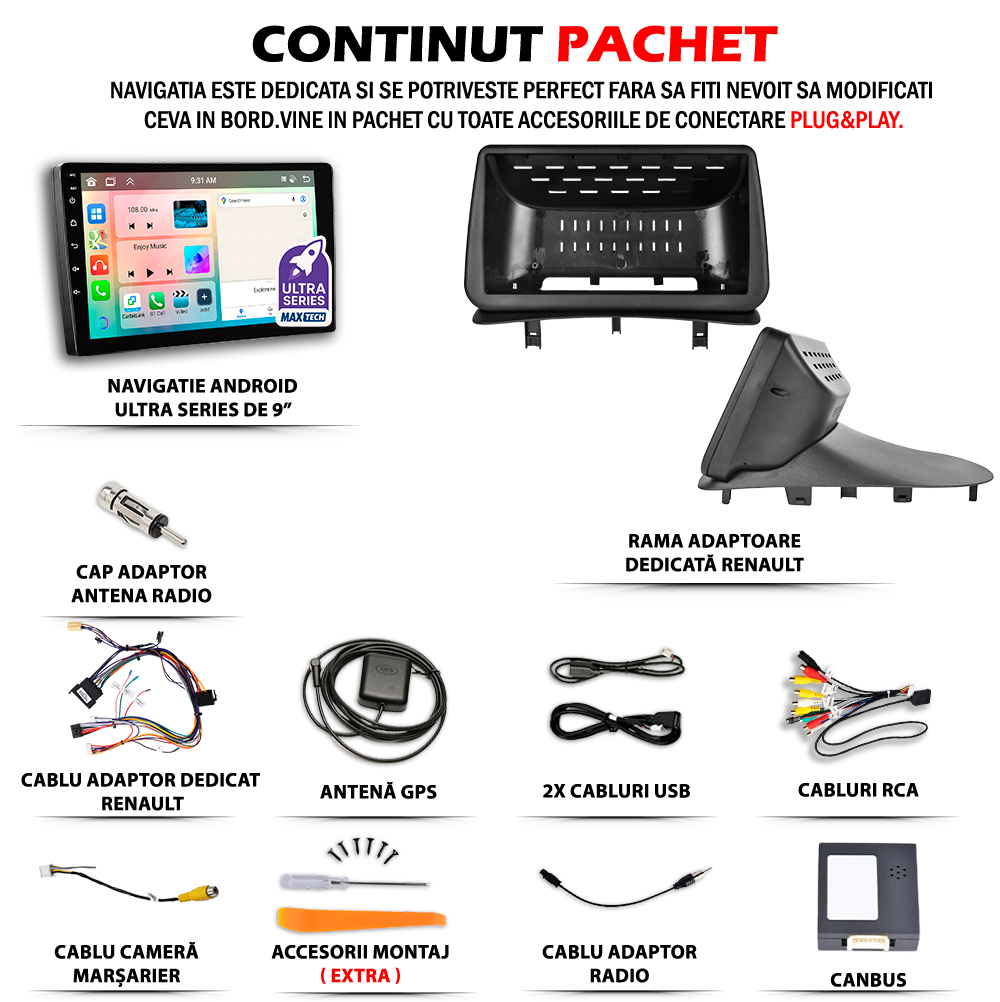 Navigatie Renault Clio 3 (2005-2013) dedicata, MaxTech® PRO SERIES, 8 GB Ram 128 GB Rom, OctaCore, Carplay si Android auto, Ecran 9” HD Touch, Sim 4G, ADI/HI-Res, GPS, Wifi, Bluetooth, Radio, USB, EQ, DSP, Waze