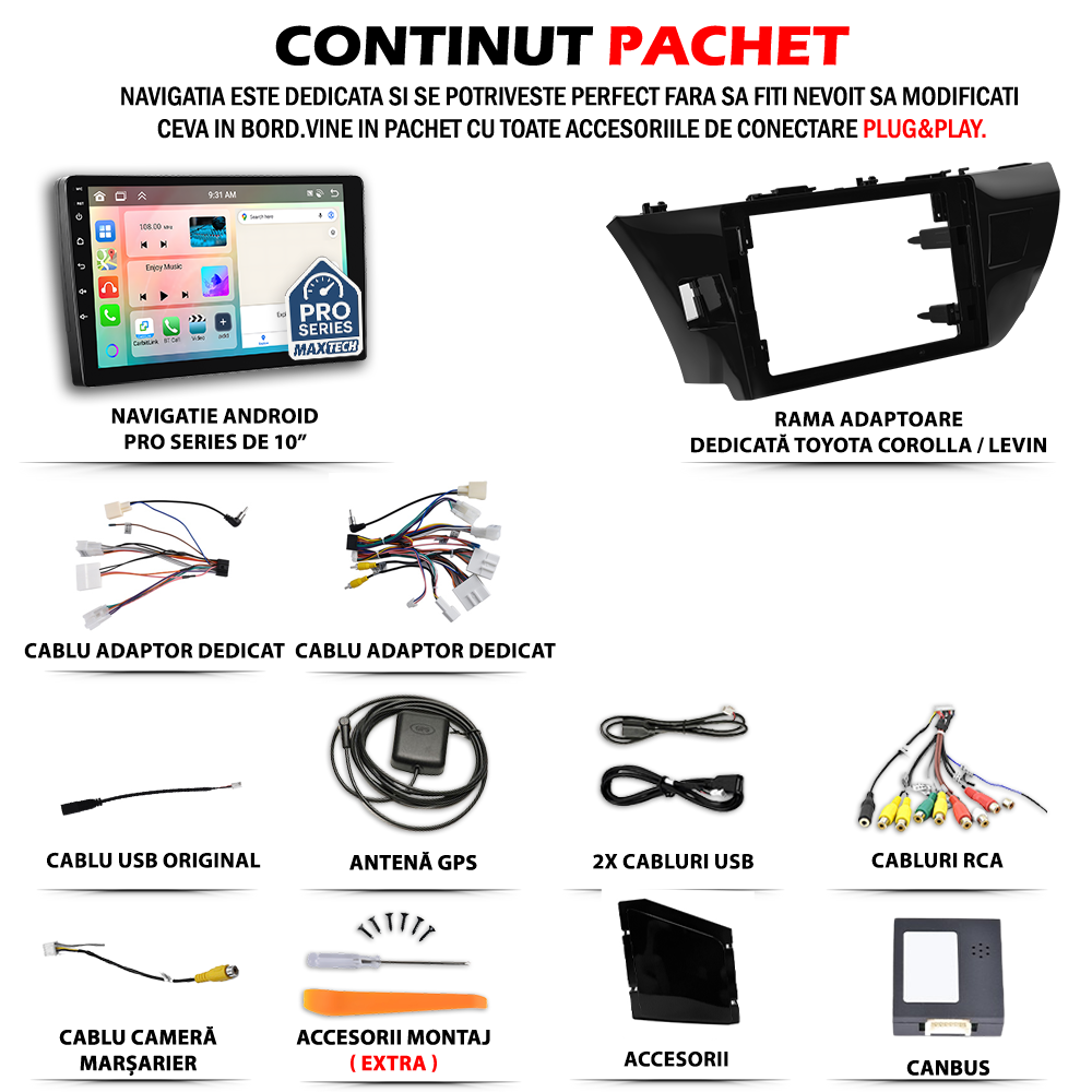 Navigatie Toyota Corolla XI Sedan (E170/E180) 2014–2017 dedicata , MaxTech® PRO SERIES, 2 GB Ram 64 GB Rom, Carplay si Android auto, Ecran 10” HD Touch, GPS, Wifi, Bluetooth, Radio, USB, EQ, DSP, Waze