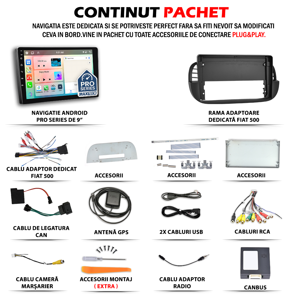 Navigatie  Fiat 500 2007–2015 dedicata, MaxTech® PRO SERIES, 2 GB Ram 64 GB Rom, Carplay si Android auto, Ecran 9” HD Touch, GPS, Wifi, Bluetooth, Radio, USB, EQ, DSP, Waze