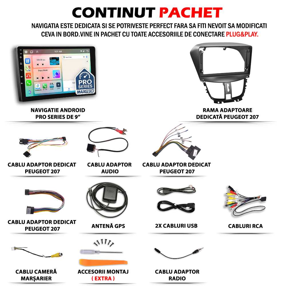 Navigatie Peugeot 207 (2009-2013) facelift dedicata, MaxTech® PRO SERIES, 2 GB Ram 64 GB Rom, Carplay si Android auto, Ecran 9” HD Touch, GPS, Wifi, Bluetooth, Radio, USB, EQ, DSP, Waze