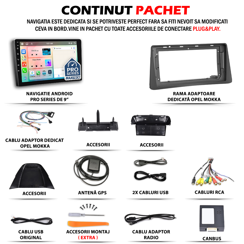 Navigatie  Opel Mokka 2012–2016 cu canbus dedicata, MaxTech® PRO SERIES, 2 GB Ram 64 GB Rom, Carplay si Android auto, Ecran 9” HD Touch, GPS, Wifi, Bluetooth, Radio, USB, EQ, DSP, Waze