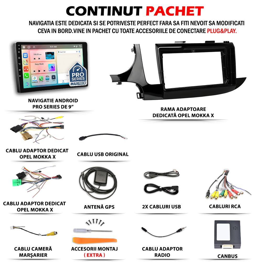 Navigatie  Opel Mokka X ( 2016–2019 ) facelift dedicata, MaxTech® PRO SERIES, 2 GB Ram 64 GB Rom, Carplay si Android auto, Ecran 9” HD Touch, GPS, Wifi, Bluetooth, Radio, USB, EQ, DSP, Waze