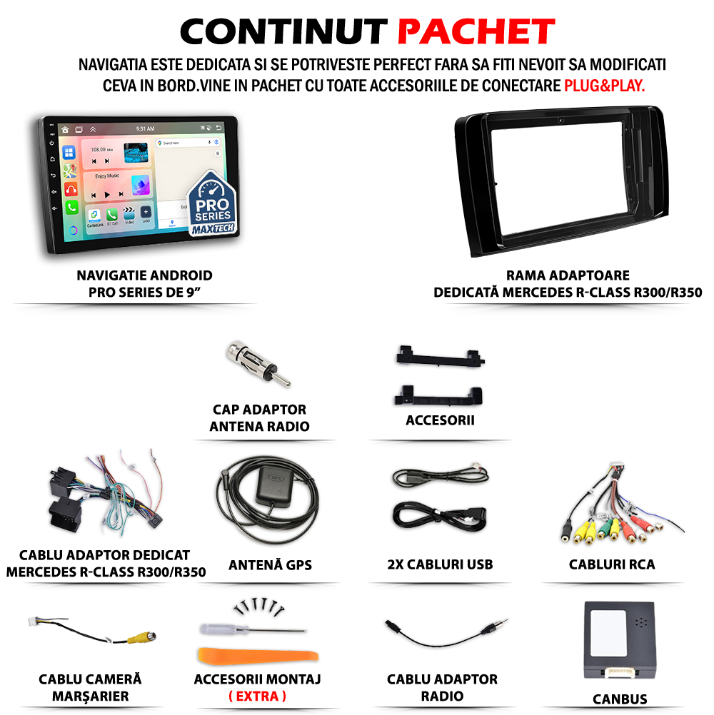 Navigatie Mercedes-Benz R-Class W251 (2006-2013) dedicata, MaxTech® PRO SERIES, 4 GB Ram 64 GB Rom, Carplay si Android auto, Ecran 9 ” HD Touch, GPS, Wifi, Bluetooth, Radio, USB, EQ, DSP, Waze