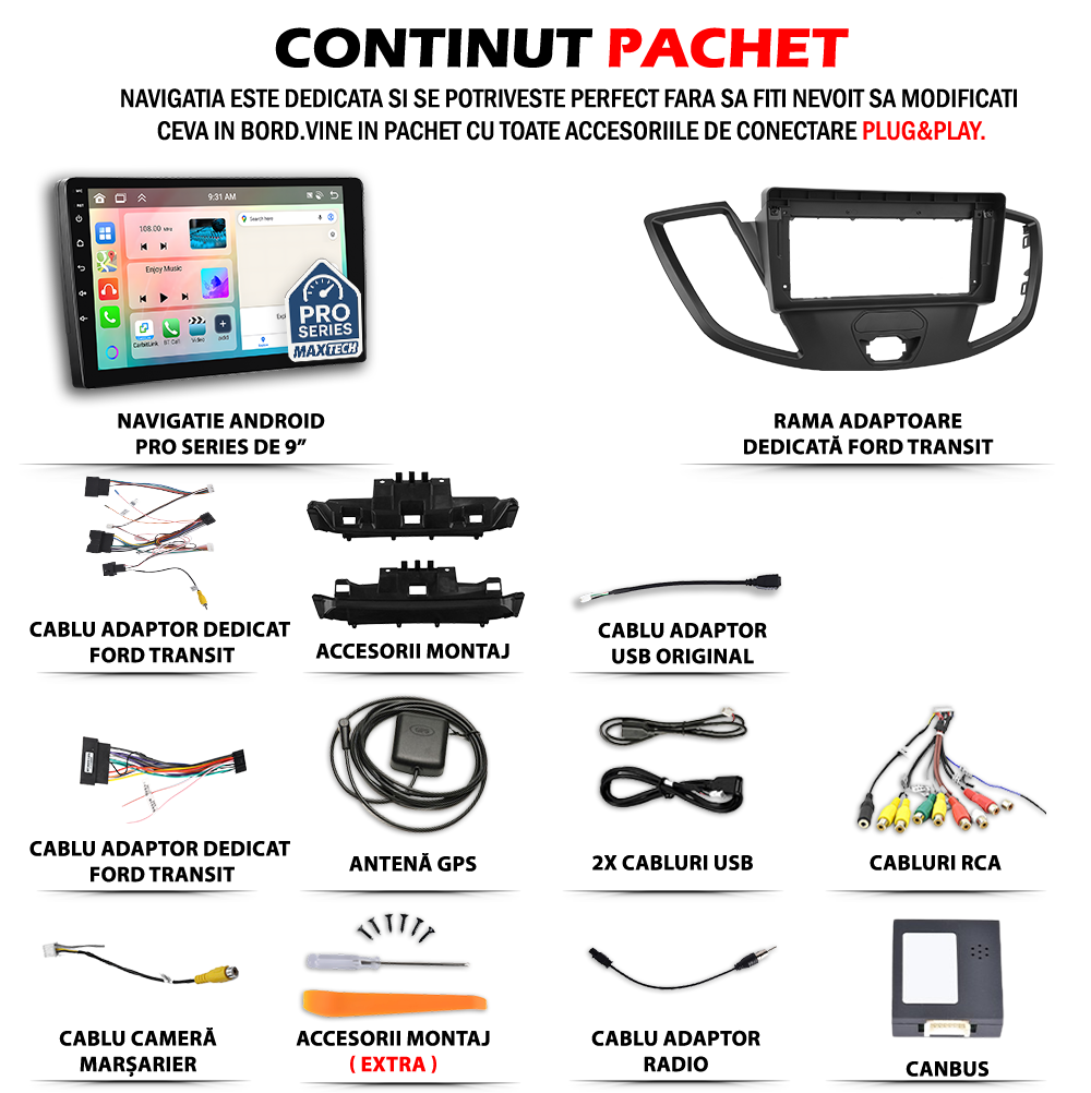 Navigatie Ford Transit Mk8 (2014-2019) pre-facelift dedicata, MaxTech® PRO SERIES, 4 GB Ram 64 GB Rom, Carplay si Android auto, Ecran 9 ” HD Touch, GPS, Wifi, Bluetooth, Radio, USB, EQ, DSP, Waze