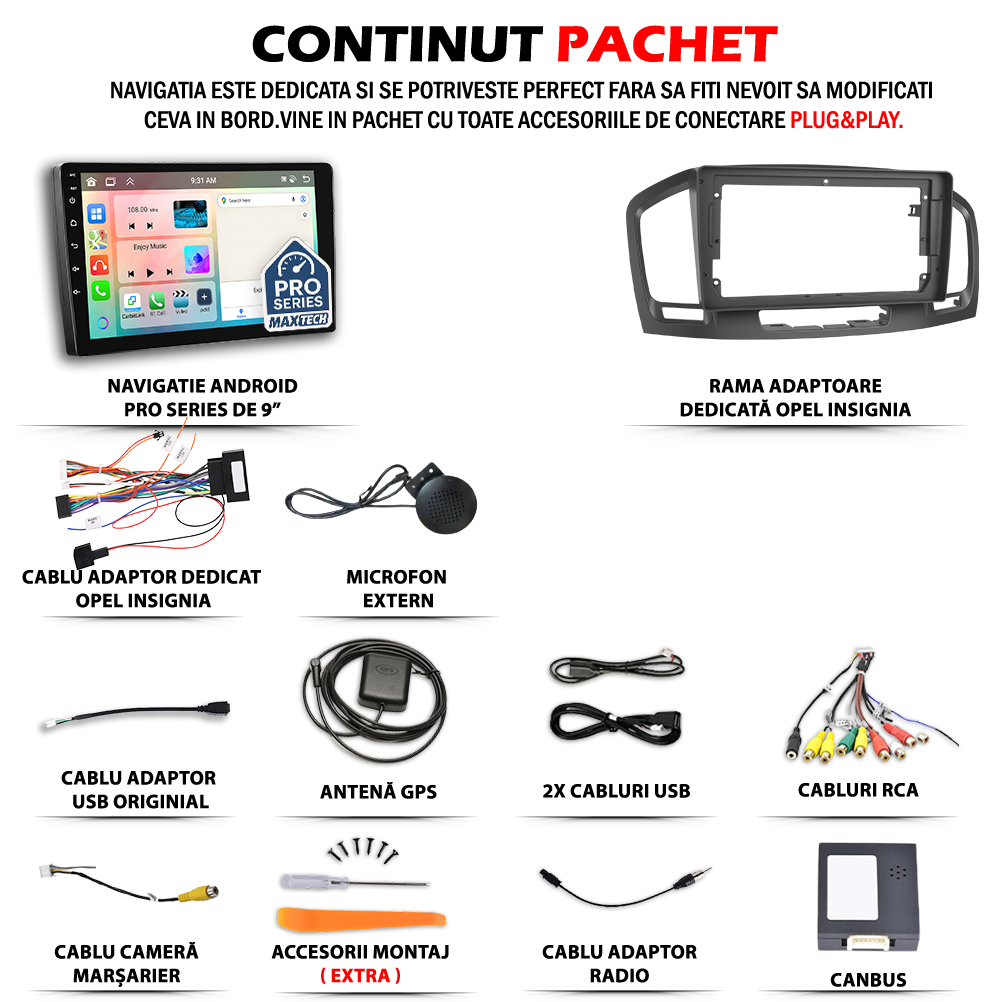 Navigatie Opel Insignia A (2008-2013) pre-facelift dedicata, MaxTech® PRO SERIES, 2 GB Ram 64 GB Rom, Carplay si Android auto, Ecran 9” HD Touch, GPS, Wifi, Bluetooth, Radio, USB, EQ, DSP, Waze