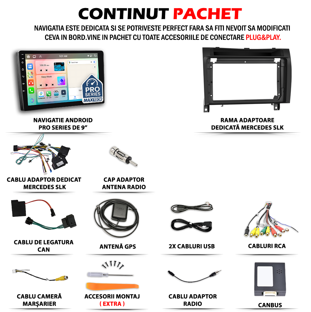 Navigatie pentru Mercedes Benz SLK (2008–2011) dedicata, MaxTech® PRO SERIES, 2 GB Ram 64 GB Rom, Carplay si Android auto, Ecran 9” HD Touch, GPS, Wifi, Bluetooth, Radio, USB, EQ, DSP, Waze