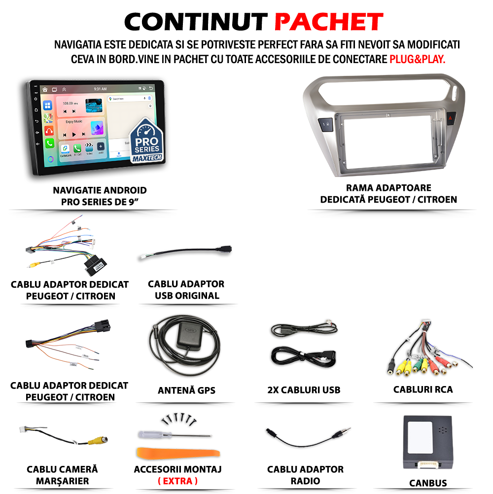 Navigatie Peugeot 301 / Citroen C-Elysee 2012–2016 Pre-Facelift dedicata, MaxTech® PRO SERIES, 2 GB Ram 64 GB Rom, Carplay si Android auto, Ecran 9” HD Touch, GPS, Wifi, Bluetooth, Radio, USB, EQ, DSP, Waze