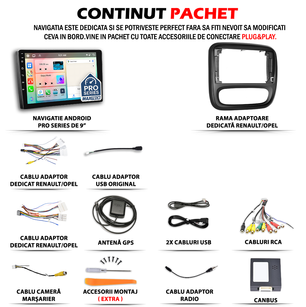 Navigatie Renault Trafic / Opel Vivaro B (2014-2019) dedicata, MaxTech® PRO SERIES, 2 GB Ram 64 GB Rom, Carplay si Android auto, Ecran 9” HD Touch, GPS, Wifi, Bluetooth, Radio, USB, EQ, DSP, Waze