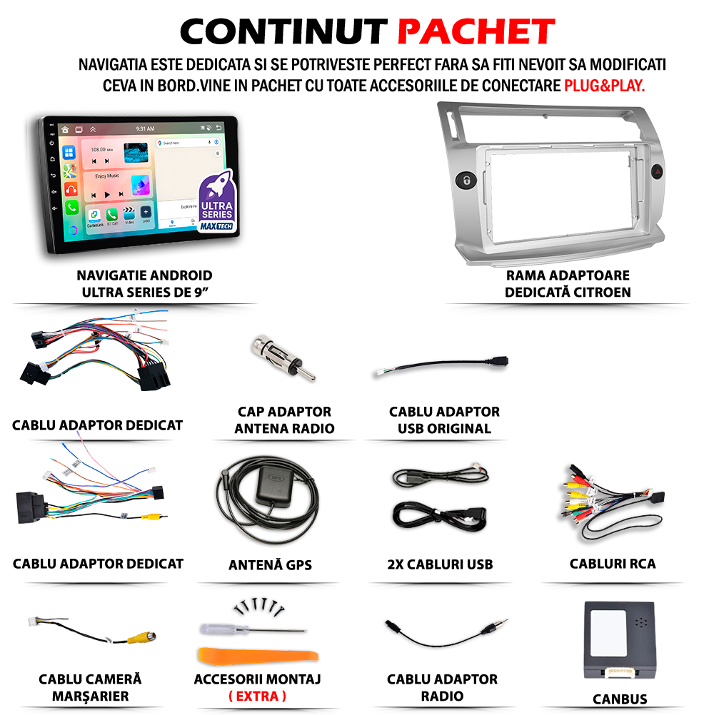 Navigatie Citroen C4 (2004-2009) dedicata, MaxTech® PRO SERIES, 8 GB Ram 128 GB Rom, OctaCore, Carplay si Android auto, Ecran 9” HD Touch, Sim 4G, ADI/HI-Res, GPS, Wifi, Bluetooth, Radio, USB, EQ, DSP, Waze