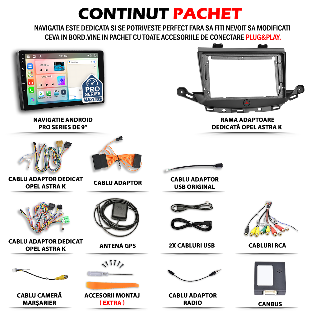Navigatie Opel Astra K 2015-2019  dedicata, MaxTech® PRO SERIES, 2 GB Ram 64 GB Rom, Carplay si Android auto, Ecran 9” HD Touch, GPS, Wifi, Bluetooth, Radio, USB, EQ, DSP, Waze