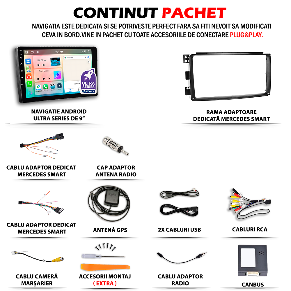Navigatie Smart Fortwo II (2005-2010) dedicata, MaxTech® PRO SERIES, 2 GB Ram 64 GB Rom, Carplay si Android auto, Ecran 9” HD Touch, GPS, Wifi, Bluetooth, Radio, USB, EQ, DSP, Waze