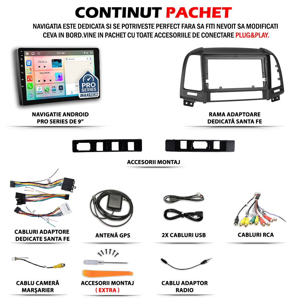 Navigatie Hyundai Santa Fe 2 (2006-2012) dedicata, MaxTech® PRO SERIES, 2 GB Ram 64 GB Rom, Carplay si Android auto, Ecran 9” HD Touch, GPS, Wifi, Bluetooth, Radio, USB, EQ, DSP, Waze
