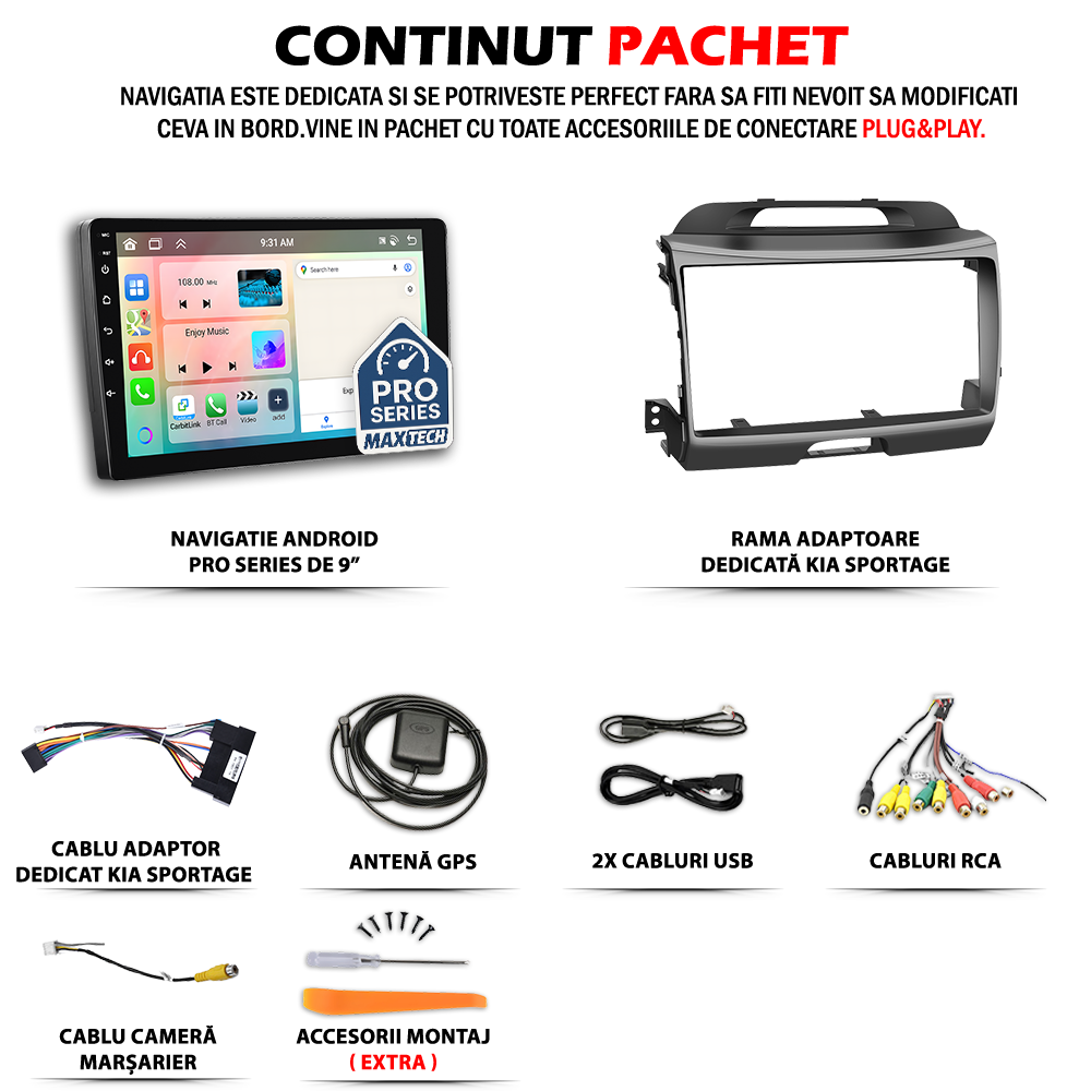 Navigatie Kia Sportage 3 (2010-2015) dedicata, MaxTech® PRO SERIES, 2 GB Ram 64 GB Rom, Carplay si Android auto, Ecran 9” HD Touch, GPS, Wifi, Bluetooth, Radio, USB, EQ, DSP, Waze
