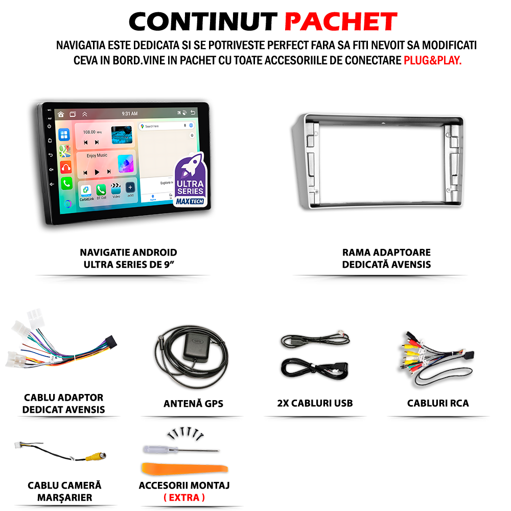 Navigatie Toyota Avensis II T25/T250 (2003-2008) dedicata, MaxTech® PRO SERIES, 2 GB Ram 64 GB Rom, Carplay si Android auto, Ecran 9” HD Touch, GPS, Wifi, Bluetooth, Radio, USB, EQ, DSP, Waze