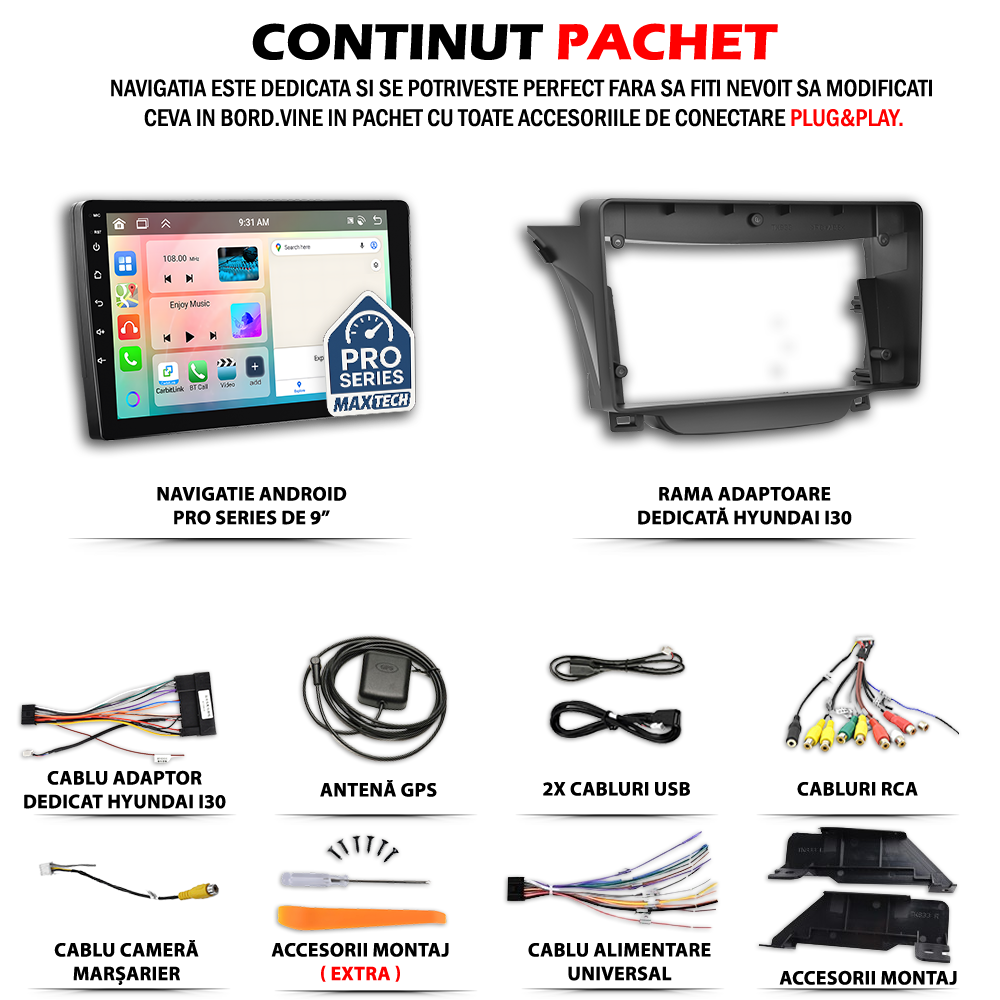 Navigatie Hyundai i30 II (2012-2015) dedicata, MaxTech® PRO SERIES, 8 GB Ram 128 GB Rom, OctaCore, Carplay si Android auto, Ecran 9” HD Touch, Sim 4G, ADI/HI-Res, GPS, Wifi, Bluetooth, Radio, USB, EQ, DSP, Waze