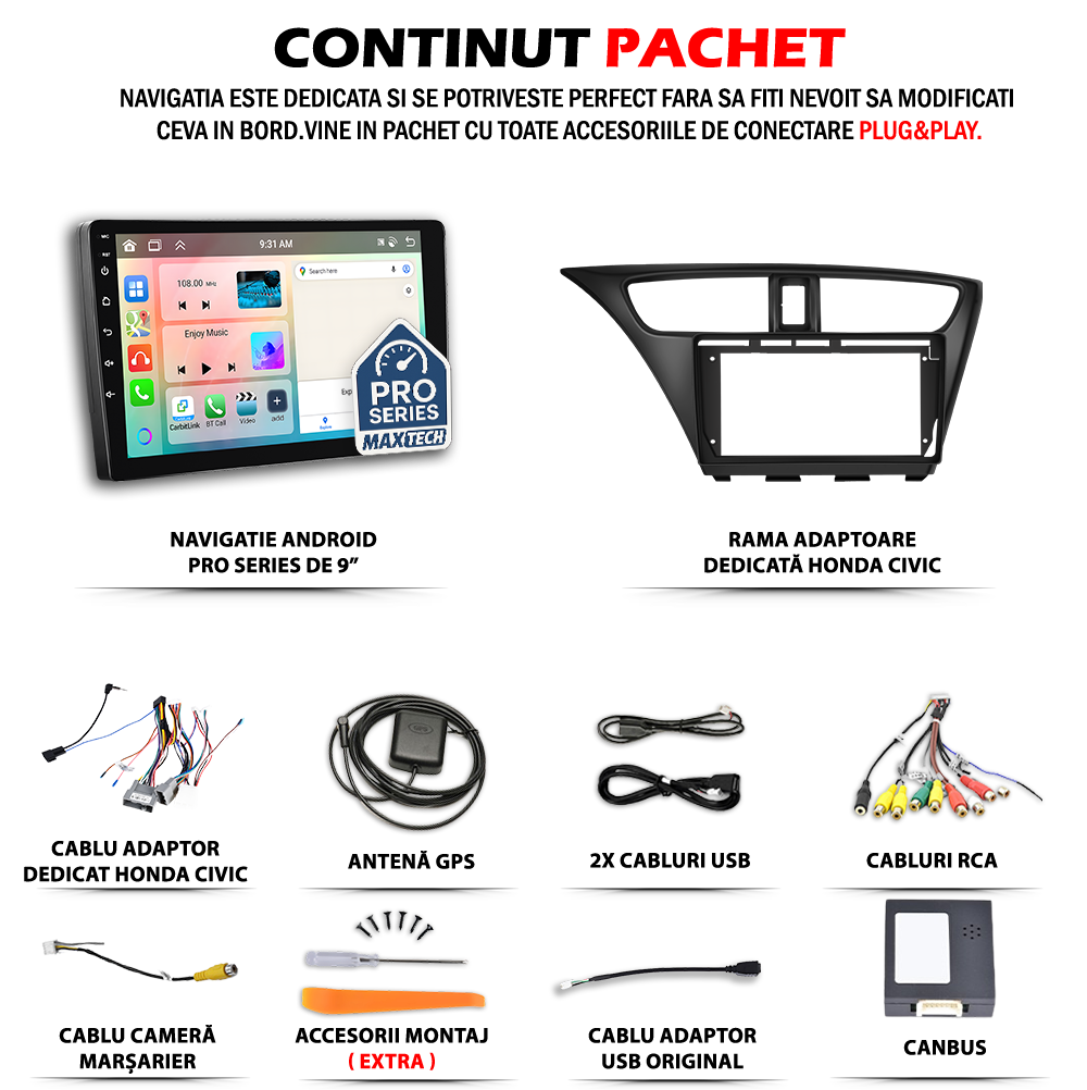 Navigatie Honda Civic 9 Hatchback (2012-2016) dedicata, MaxTech® PRO SERIES, 6 GB Ram 128 GB Rom, Carplay si Android auto, Ecran 9” HD Touch, GPS, Wifi, Bluetooth, Radio, USB, EQ, DSP, Waze