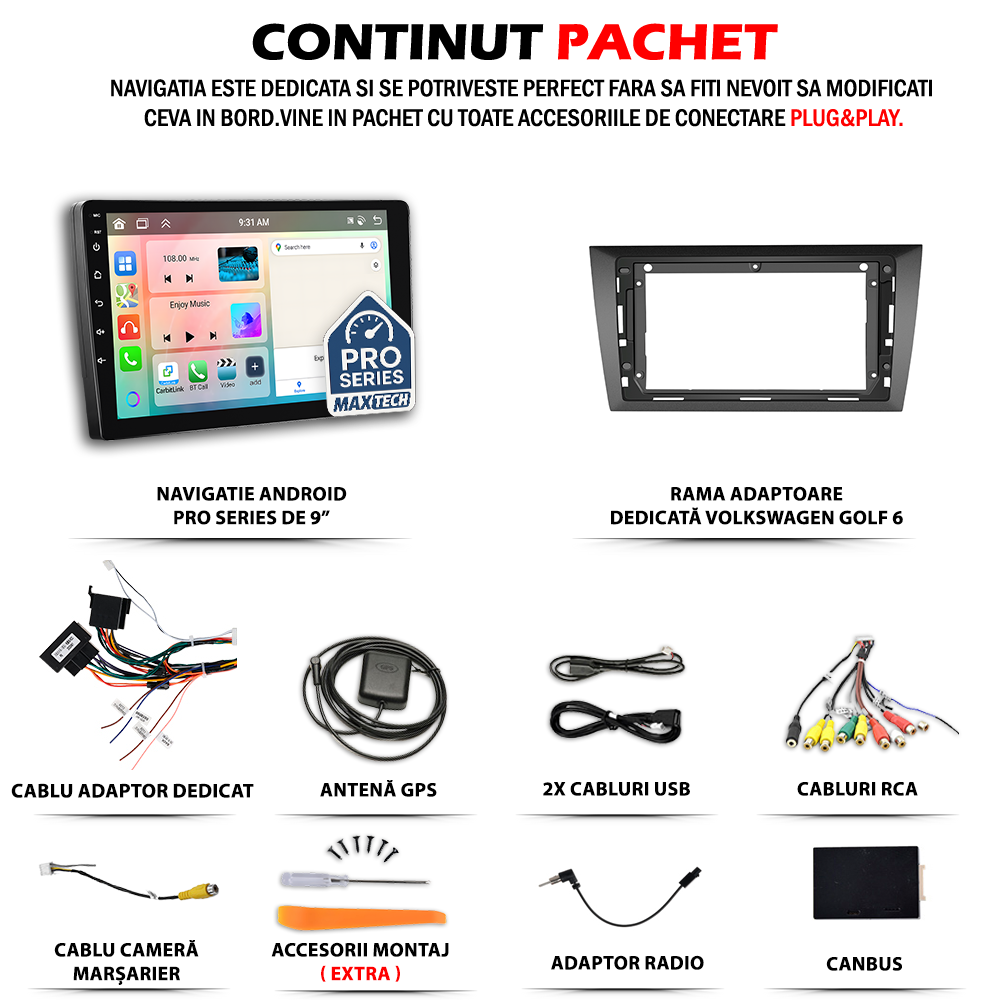 Navigatie Volkswagen Golf 6 (2010-2013) dedicata, MaxTech® PRO SERIES, 2 GB Ram 64 GB Rom, Carplay si Android auto, Ecran 9” HD Touch, GPS, Wifi, Bluetooth, Radio, USB, EQ, DSP, Waze