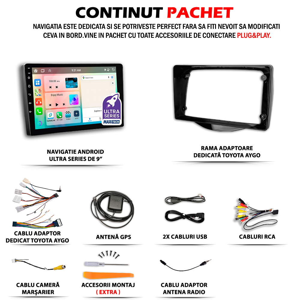 Navigatie Toyota Aygo II / Citroen C1 II / Peugeot 108 (2014-2021) dedicata, MaxTech® PRO SERIES, 2 GB Ram 64 GB Rom, Carplay si Android auto, Ecran 9” HD Touch, GPS, Wifi, Bluetooth, Radio, USB, EQ, DSP, Waze