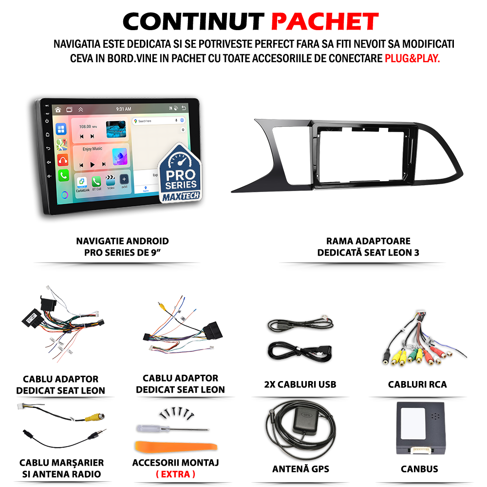 Navigatie SEAT Leon 3 5F (2015-2018) dedicata, MaxTech® PRO SERIES, 2 GB Ram 64 GB Rom, Carplay si Android auto, Ecran 9” HD Touch, GPS, Wifi, Bluetooth, Radio, USB, EQ, DSP, Waze