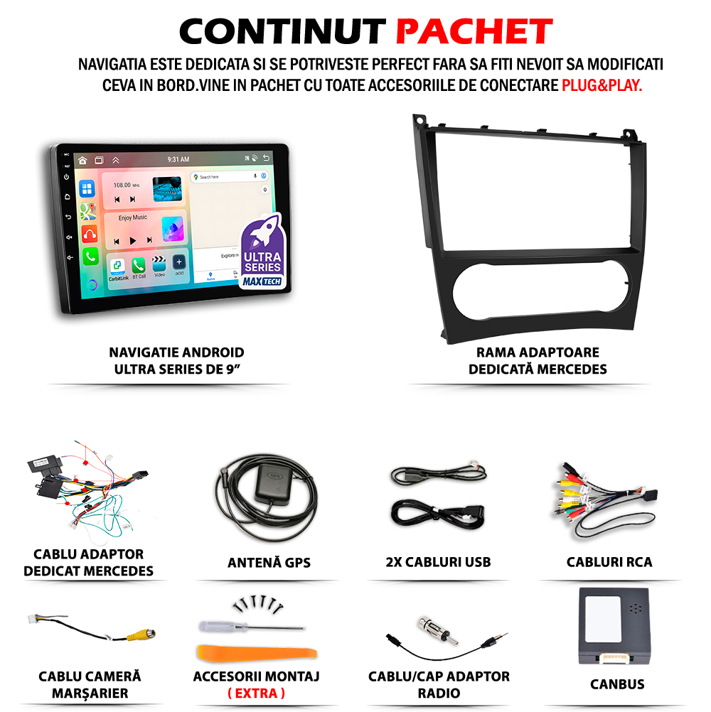 Navigatie Mercedes-Benz C-Class W203/S203 (2004-2007) Facelift dedicata, MaxTech® PRO SERIES, 2 GB Ram 64 GB Rom, Carplay si Android auto, Ecran 9” HD Touch, GPS, Wifi, Bluetooth, Radio, USB, EQ, DSP, Waze