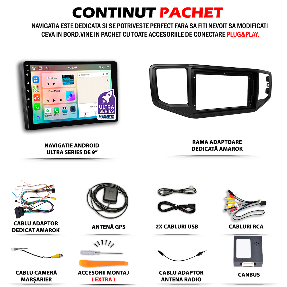 Navigatie Volkswagen Amarok 1 (2017-2020) Facelift dedicata, MaxTech® PRO SERIES, 4 GB Ram 64 GB Rom, Carplay si Android auto, Ecran 9 ” HD Touch, GPS, Wifi, Bluetooth, Radio, USB, EQ, DSP, Waze