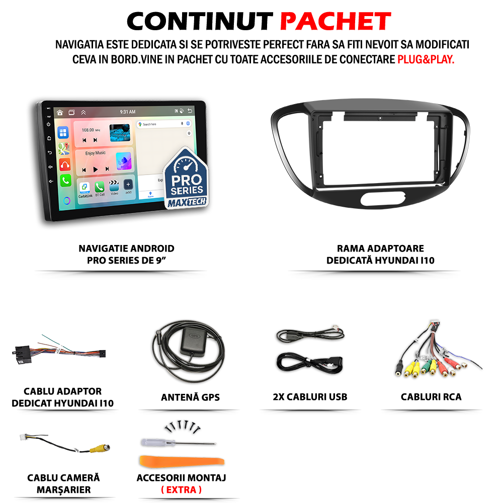 Navigatie Hyundai i10 I (2008-2010) Pre-Facelift dedicata, MaxTech® PRO SERIES, 2 GB Ram 64 GB Rom, Carplay si Android auto, Ecran 9” HD Touch, GPS, Wifi, Bluetooth, Radio, USB, EQ, DSP, Waze