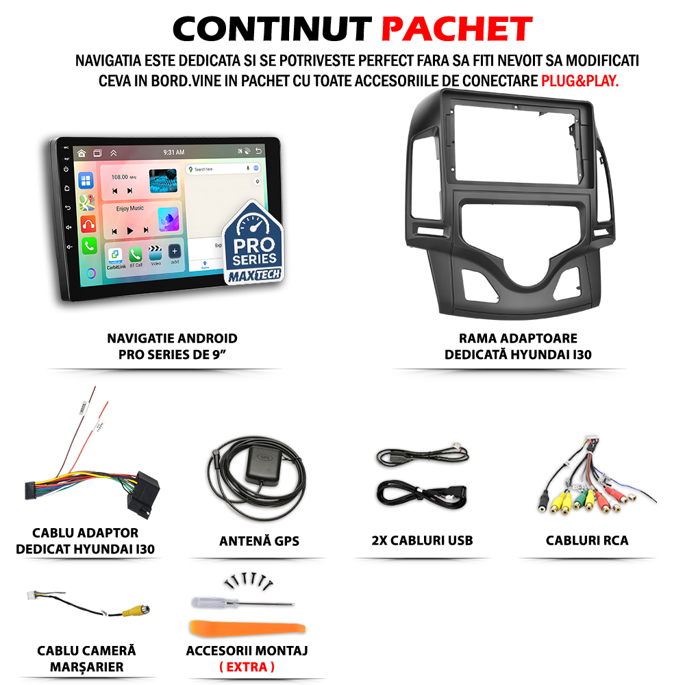 Navigatie Hyundai i30 I (2007-2010) pre-facelift cu climatizare automata dedicata, MaxTech® PRO SERIES, 2 GB Ram 64 GB Rom, Carplay si Android auto, Ecran 9” HD Touch, GPS, Wifi, Bluetooth, Radio, USB, EQ, DSP, Waze
