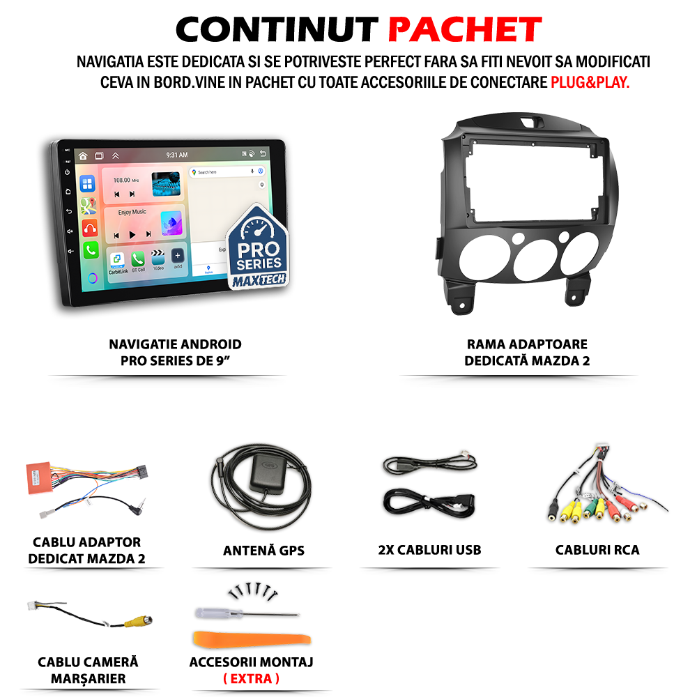 Navigatie Mazda 2 (2007-2014) dedicata, MaxTech® PRO SERIES, 8 GB Ram 128 GB Rom, OctaCore, Carplay si Android auto, Ecran 9” HD Touch, Sim 4G, ADI/HI-Res, GPS, Wifi, Bluetooth, Radio, USB, EQ, DSP, Waze