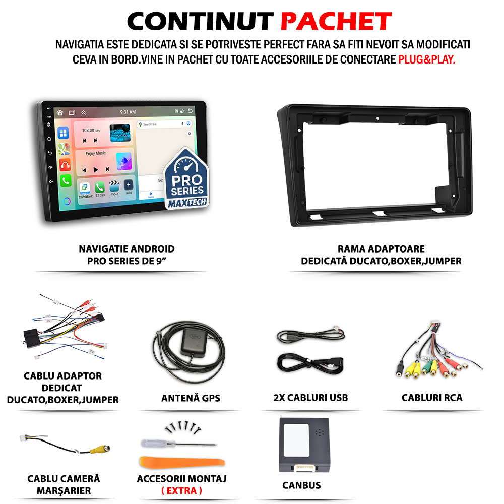 Navigatie Fiat Ducato III / Peugeot Boxer II / Citroen Jumper II (2011-2022) dedicata, MaxTech® PRO SERIES, 2 GB Ram 64 GB Rom, Carplay si Android auto, Ecran 9” HD Touch, GPS, Wifi, Bluetooth, Radio, USB, EQ, DSP, Waze