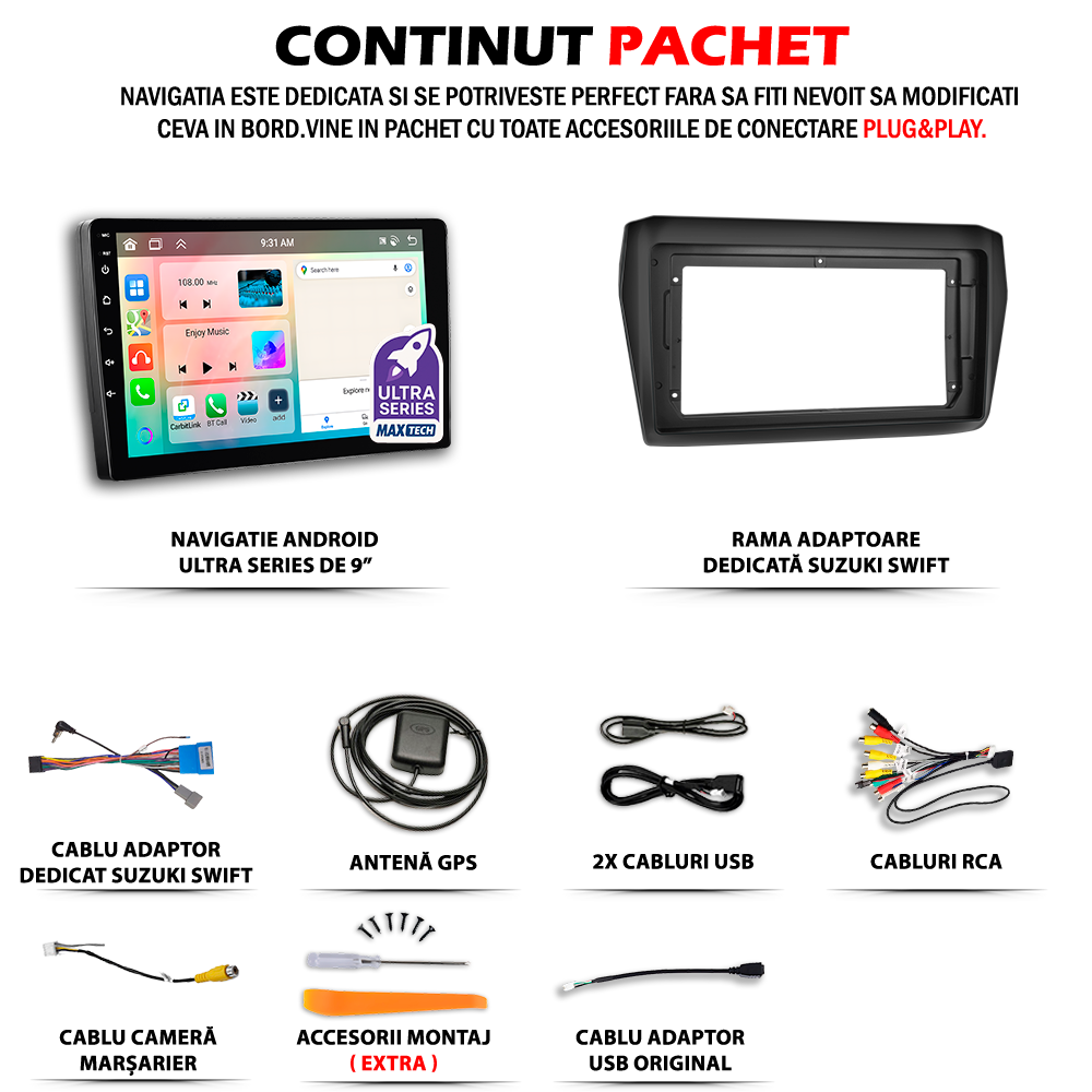 Navigatie Suzuki Swift A2L (2017-2020) Pre-Facelift dedicata, MaxTech® PRO SERIES, 2 GB Ram 64 GB Rom, Carplay si Android auto, Ecran 9” HD Touch, GPS, Wifi, Bluetooth, Radio, USB, EQ, DSP, Waze