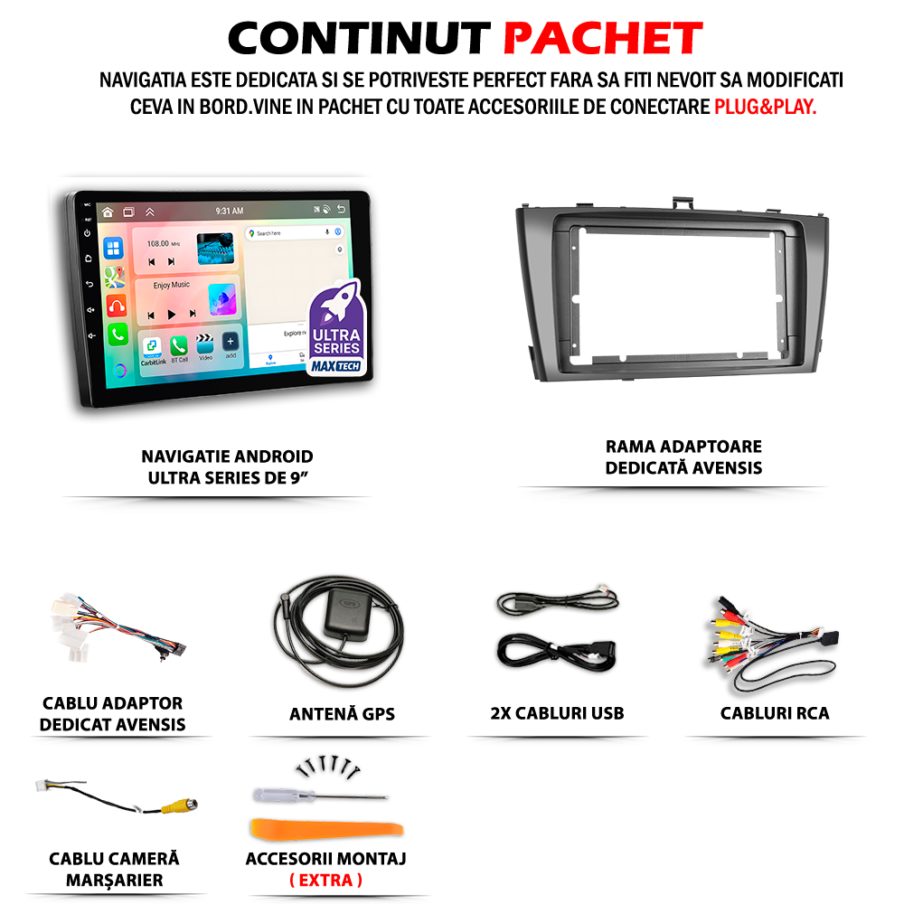 Navigatie Toyota Avensis III (2009-2014) dedicata, MaxTech® PRO SERIES, 4 GB Ram 64 GB Rom, Carplay si Android auto, Ecran 9 ” HD Touch, GPS, Wifi, Bluetooth, Radio, USB, EQ, DSP, Waze