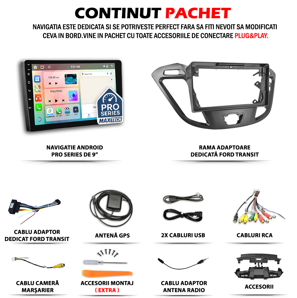 Navigatie Ford Transit Custom / Tourneo Custom 2013–2017 Pre-facelift dedicata, MaxTech® PRO SERIES, 6 GB Ram 128 GB Rom, Carplay si Android auto, Ecran 9” HD Touch, GPS, Wifi, Bluetooth, Radio, USB, EQ, DSP, Waze