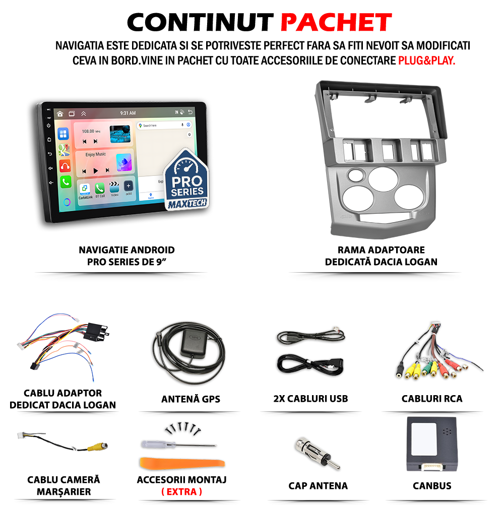 Navigatie Dacia Logan 1 (2004-2008) pre-facelift dedicata, MaxTech® PRO SERIES, 2 GB Ram 64 GB Rom, Carplay si Android auto, Ecran 9” HD Touch, GPS, Wifi, Bluetooth, Radio, USB, EQ, DSP, Waze