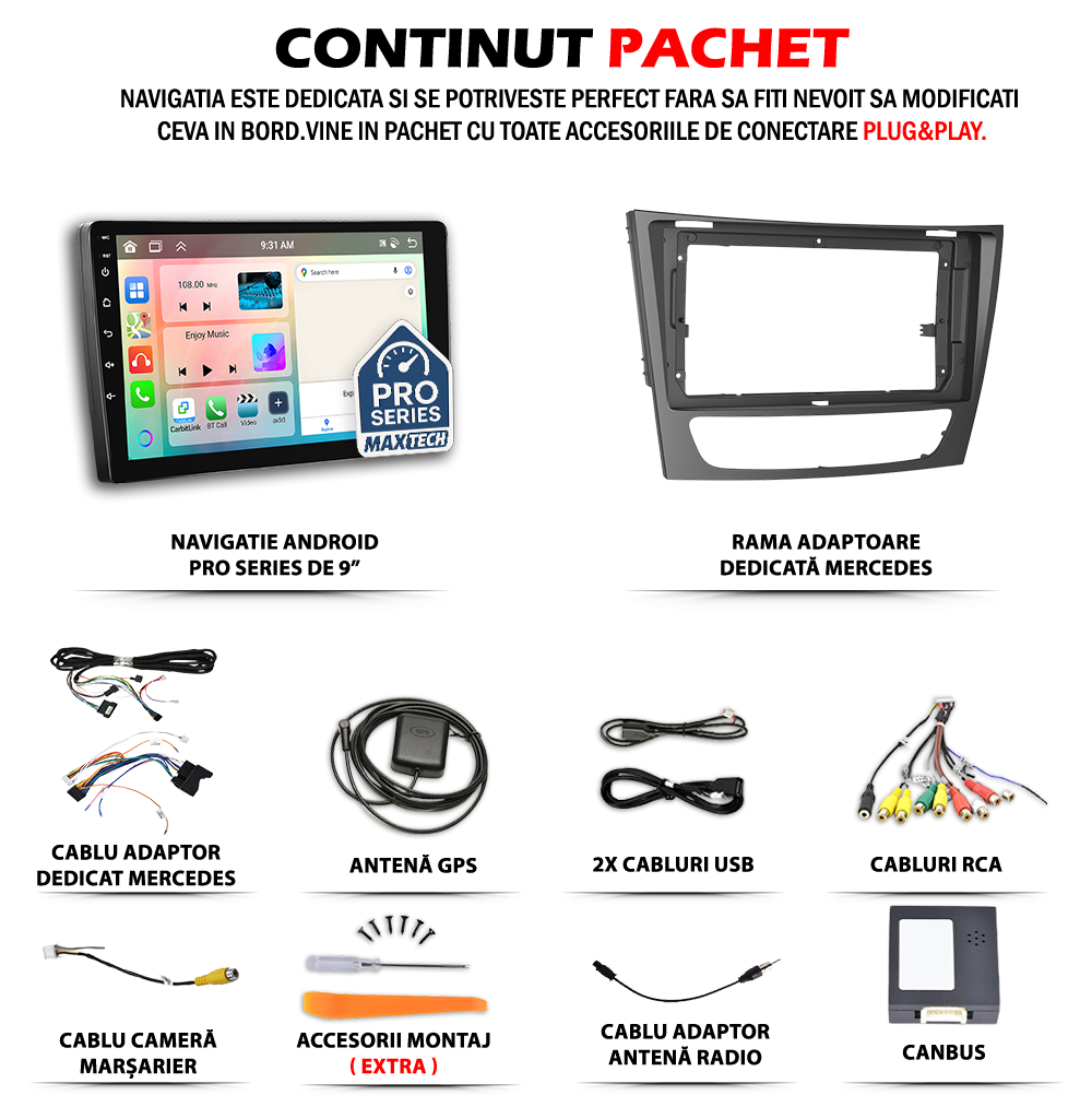 Navigatie Mercedes E-Class W211 / CLS-Class C219 (2005-2008) dedicata, MaxTech® PRO SERIES, 4 GB Ram 64 GB Rom, Carplay si Android auto, Ecran 9 ” HD Touch, GPS, Wifi, Bluetooth, Radio, USB, EQ, DSP, Waze