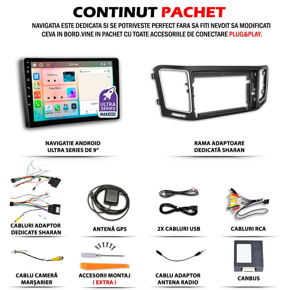 Navigatie Volkswagen Sharan II (2010-2014) / Volkswagen Sharan (2016-2018) dedicata, MaxTech® PRO SERIES, 2 GB Ram 64 GB Rom, Carplay si Android auto, Ecran 9” HD Touch, GPS, Wifi, Bluetooth, Radio, USB, EQ, DSP, Waze