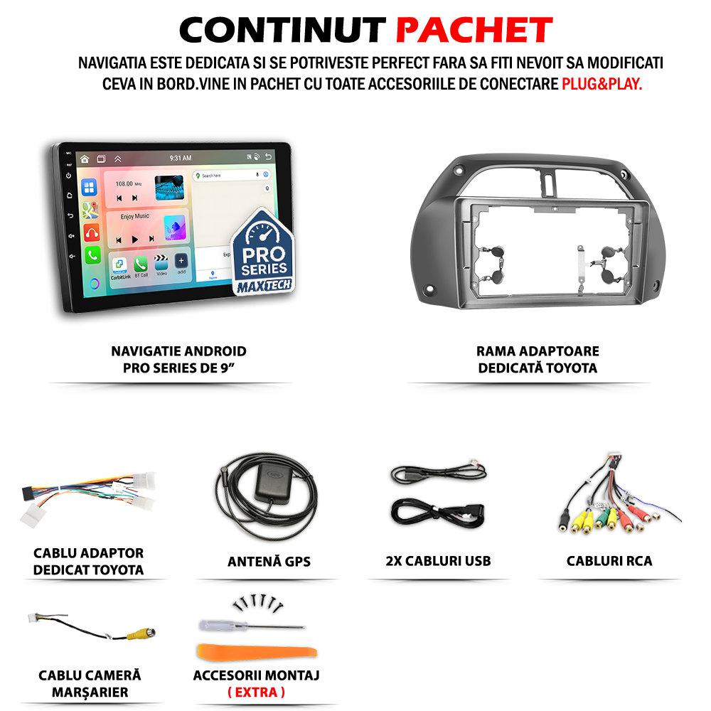 Navigatie Toyota RAV4 II (2001-2006) dedicata, MaxTech® PRO SERIES, 2 GB Ram 64 GB Rom, Carplay si Android auto, Ecran 9” HD Touch, GPS, Wifi, Bluetooth, Radio, USB, EQ, DSP, Waze