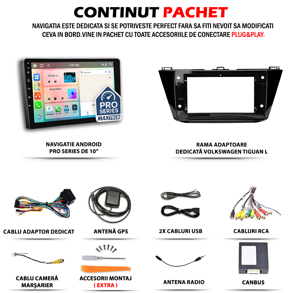 Navigatie Tiguan Allspace 2017–2020 pre-facelift. dedicata , MaxTech® PRO SERIES, 2 GB Ram 64 GB Rom, Carplay si Android auto, Ecran 10” HD Touch, GPS, Wifi, Bluetooth, Radio, USB, EQ, DSP, Waze