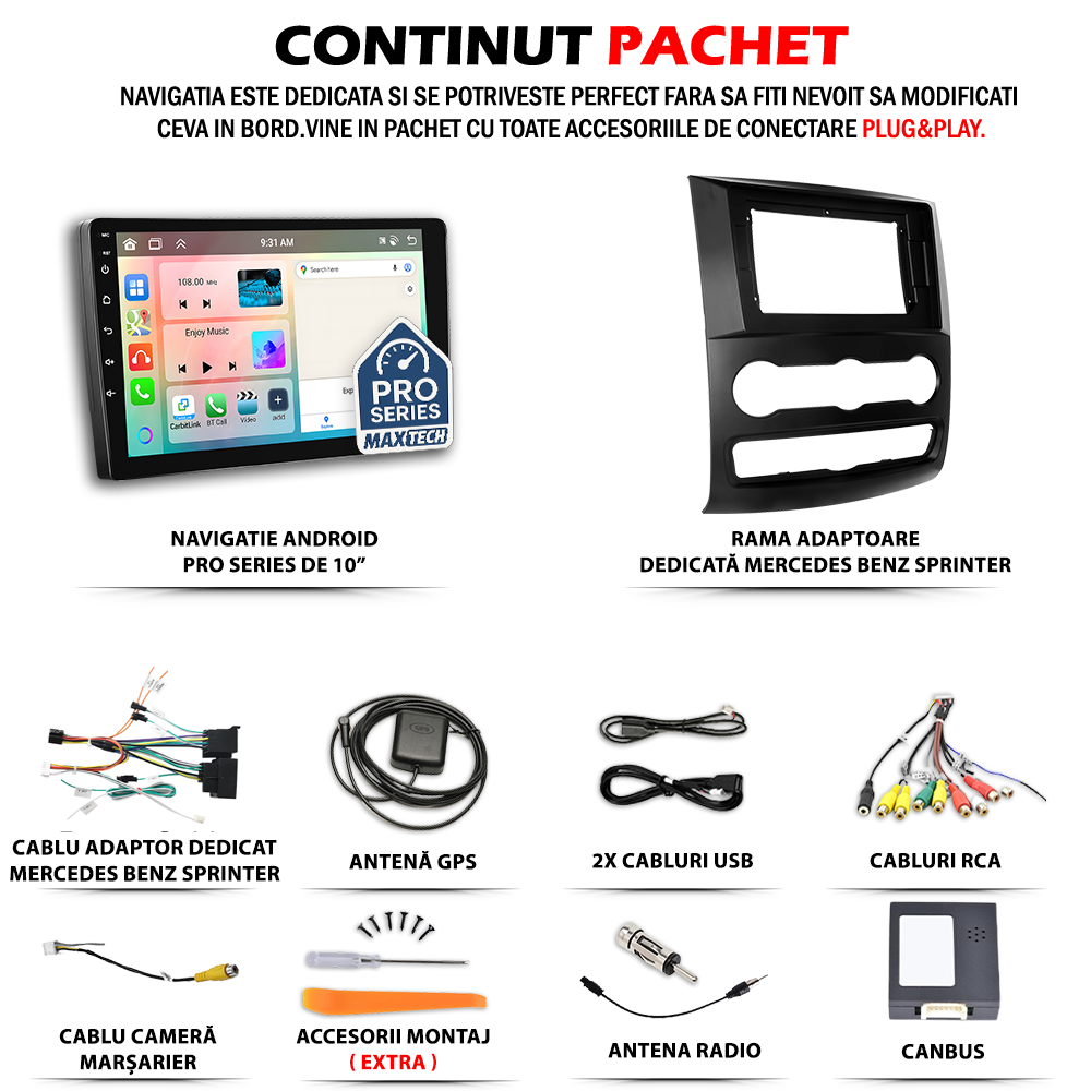 Navigatie Mercedes-Benz Sprinter W906 / Crafter  (2006–2013) ( 2006-2016 ) dedicata, MaxTech® PRO SERIES, 2 GB Ram 64 GB Rom, Carplay si Android auto, Ecran 10” HD Touch, GPS, Wifi, Bluetooth, Radio, USB, EQ, DSP, Waze