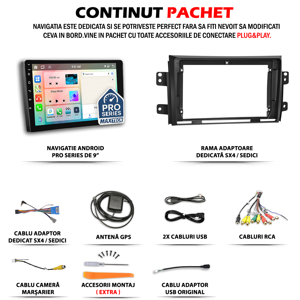 Navigatie Suzuki SX4 I (2006-2013) dedicata, MaxTech® PRO SERIES, 2 GB Ram 64 GB Rom, Carplay si Android auto, Ecran 9” HD Touch, GPS, Wifi, Bluetooth, Radio, USB, EQ, DSP, Waze