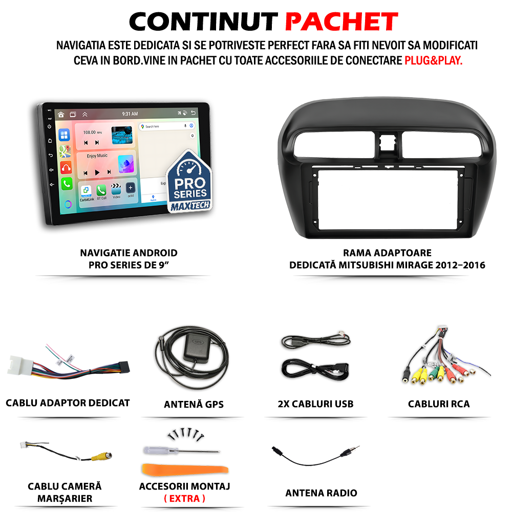 Navigatie Mitsubishi Mirage 2012–2016 dedicata, MaxTech® PRO SERIES, 6 GB Ram 128 GB Rom, Carplay si Android auto, Ecran 9” HD Touch, GPS, Wifi, Bluetooth, Radio, USB, EQ, DSP, Waze
