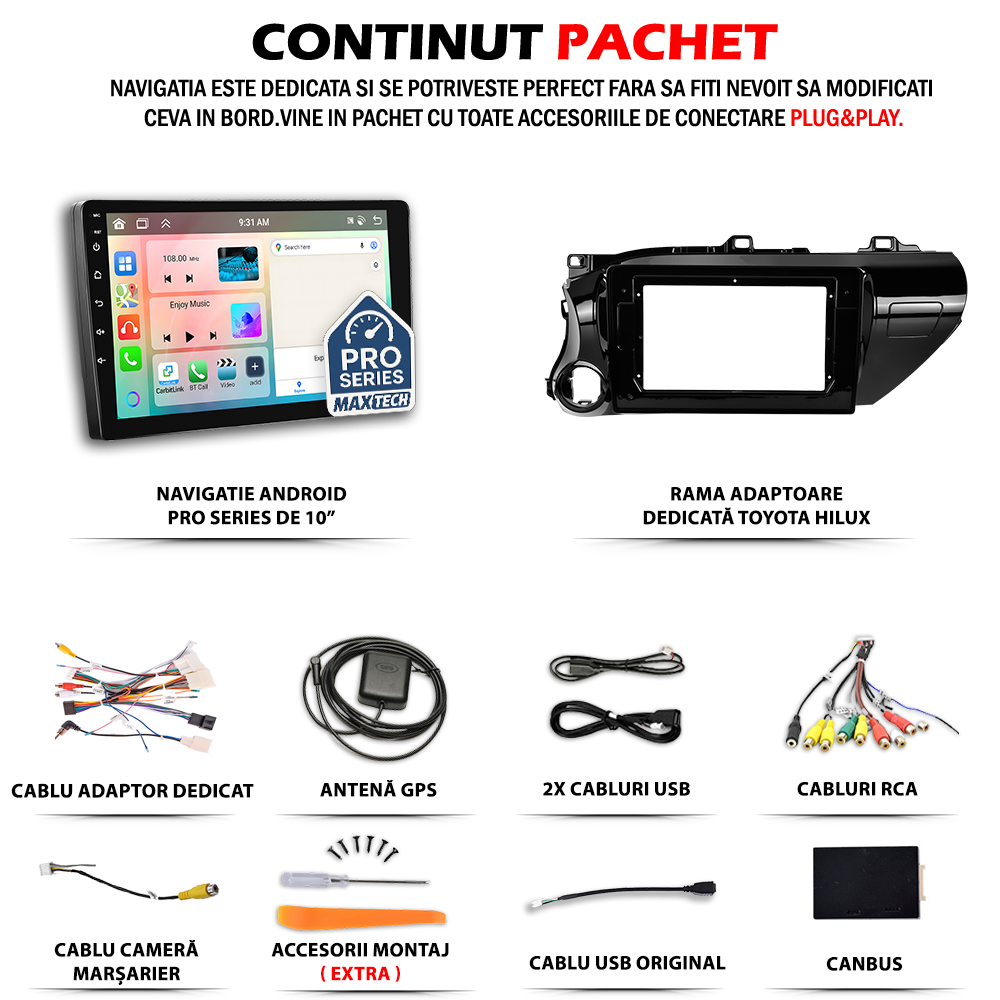 Navigatie Toyota Hilux VIII (AN120/AN130) 2016–2018. dedicata , MaxTech® PRO SERIES, 2 GB Ram 64 GB Rom, Carplay si Android auto, Ecran 10” HD Touch, GPS, Wifi, Bluetooth, Radio, USB, EQ, DSP, Waze