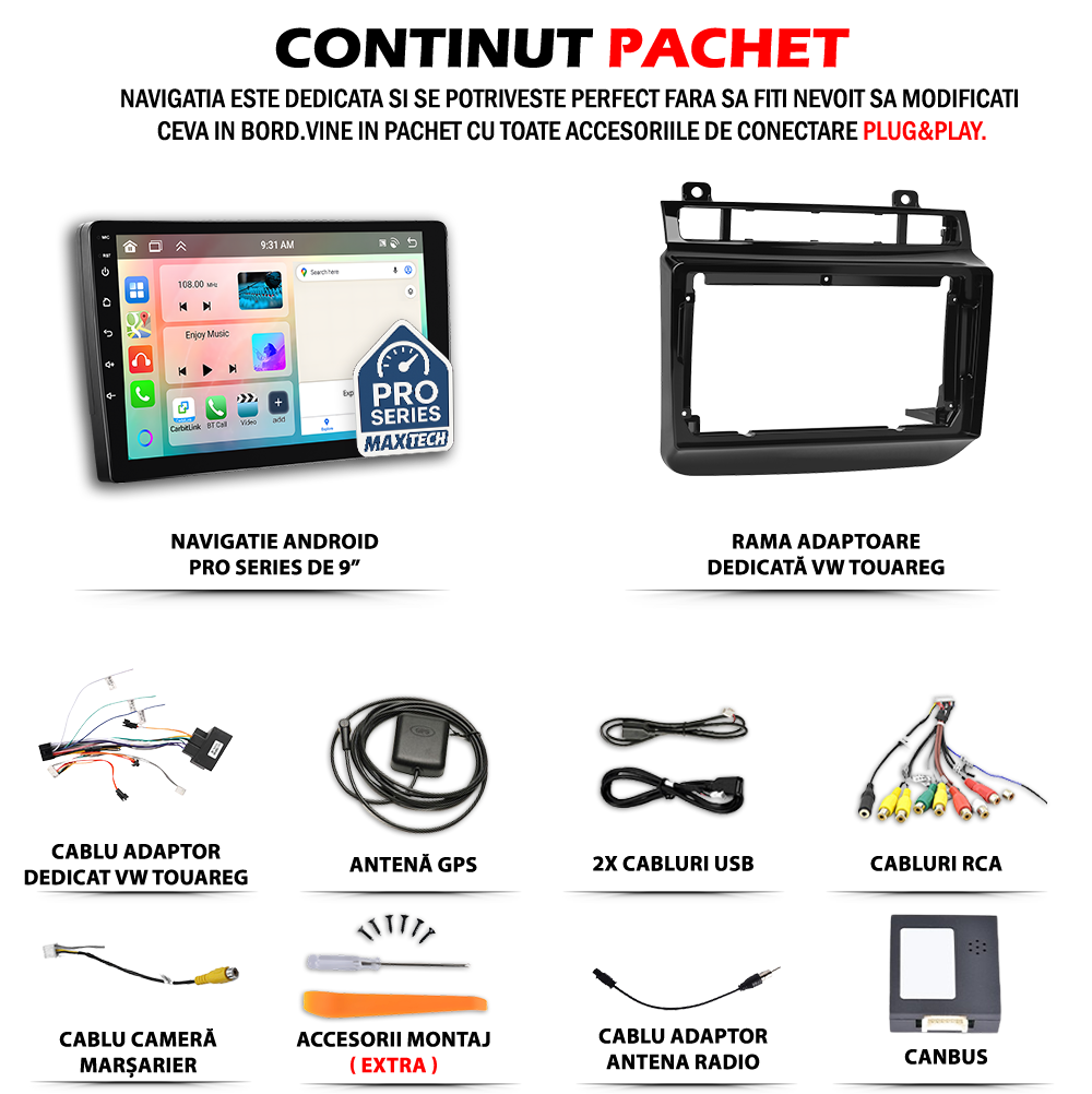 Navigatie Volkswagen Touareg II (2011-2017) dedicata, MaxTech® PRO SERIES, 6 GB Ram 128 GB Rom, Carplay si Android auto, Ecran 9” HD Touch, GPS, Wifi, Bluetooth, Radio, USB, EQ, DSP, Waze