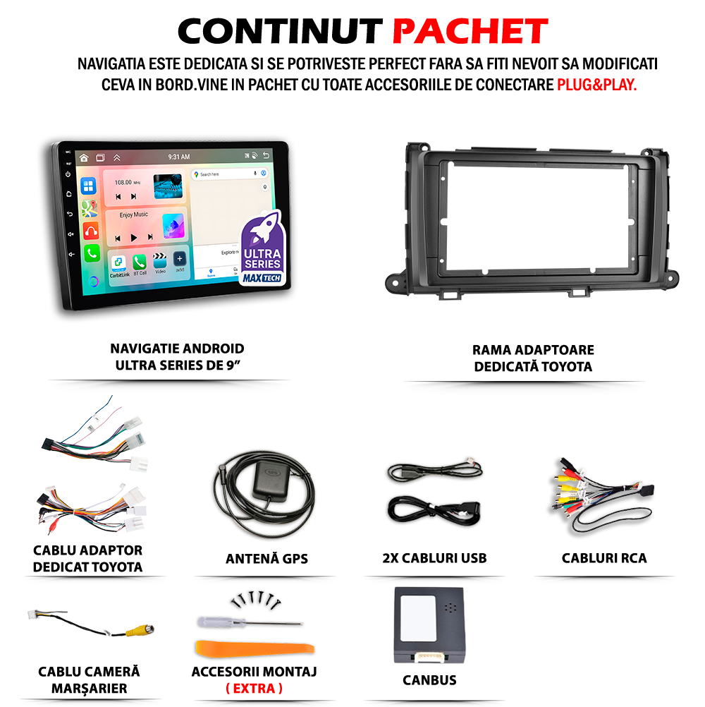 Navigatie Toyota Sienna 3 (2011-2014) Pre-Facelift dedicata, MaxTech® PRO SERIES, 2 GB Ram 64 GB Rom, Carplay si Android auto, Ecran 9” HD Touch, GPS, Wifi, Bluetooth, Radio, USB, EQ, DSP, Waze