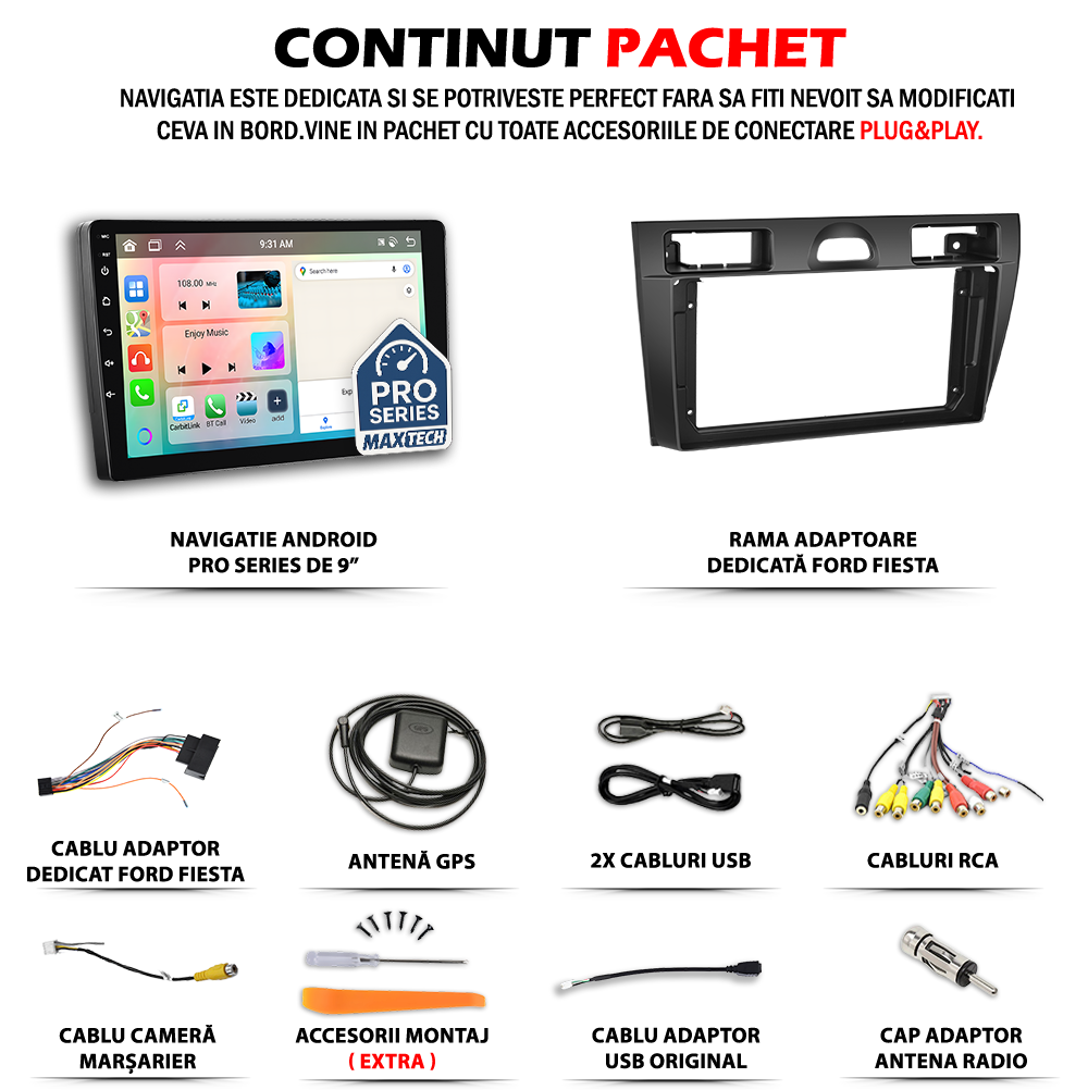 Navigatie Ford Fiesta Mk6 (2002-2008) dedicata, MaxTech® PRO SERIES, 2 GB Ram 64 GB Rom, Carplay si Android auto, Ecran 9” HD Touch, GPS, Wifi, Bluetooth, Radio, USB, EQ, DSP, Waze