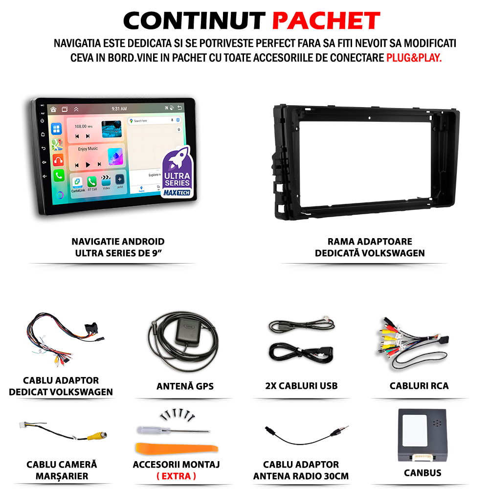 Navigatie Volkswagen Polo VI, T-Roc I, Transporter T6.1 (2019-2023) dedicata, MaxTech® PRO SERIES, 2 GB Ram 64 GB Rom, Carplay si Android auto, Ecran 9” HD Touch, GPS, Wifi, Bluetooth, Radio, USB, EQ, DSP, Waze
