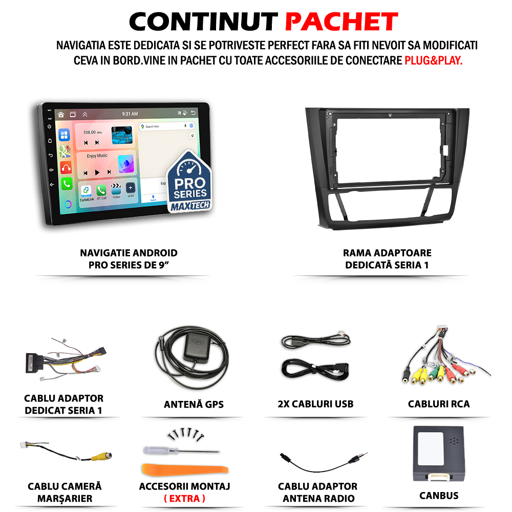 Navigatie BMW Seria 1 E81/E82/E87/E88 (2008-2012) facelift dedicata, MaxTech® PRO SERIES, 2 GB Ram 64 GB Rom, Carplay si Android auto, Ecran 9” HD Touch, GPS, Wifi, Bluetooth, Radio, USB, EQ, DSP, Waze
