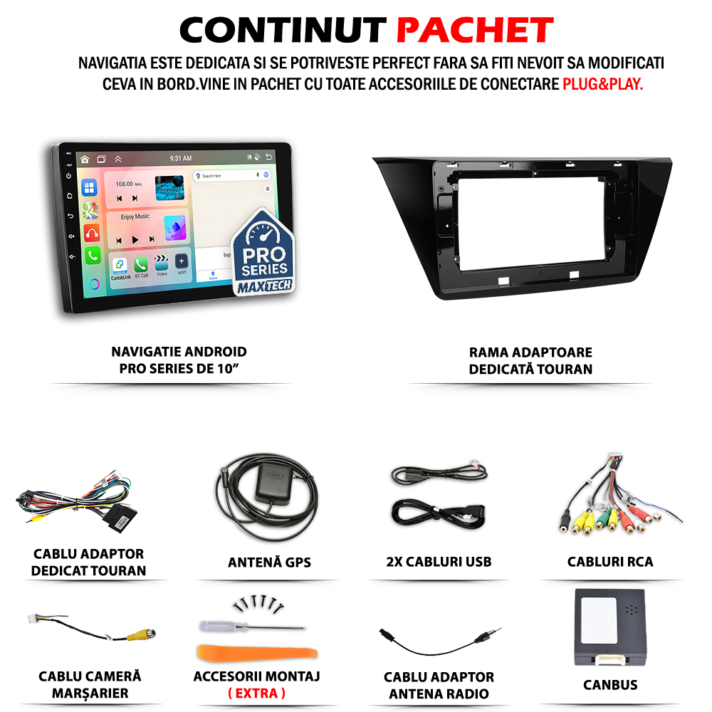Navigatie Volkswagen Touran (2016-2021) dedicata, MaxTech® PRO SERIES, 4 GB Ram 64 GB Rom, Carplay si Android auto, Ecran 10 ” HD Touch, GPS, Wifi, Bluetooth, Radio, USB, EQ, DSP, Waze