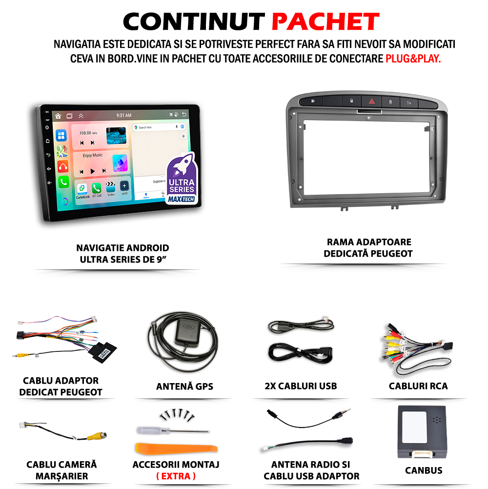 Navigatie Peugeot 308 I (2007-2013) / Peugeot 408 I (2010–2012) Pre-Facelift dedicata, MaxTech® PRO SERIES, 6 GB Ram 128 GB Rom, Carplay si Android auto, Ecran 9” HD Touch, GPS, Wifi, Bluetooth, Radio, USB, EQ, DSP, Waze